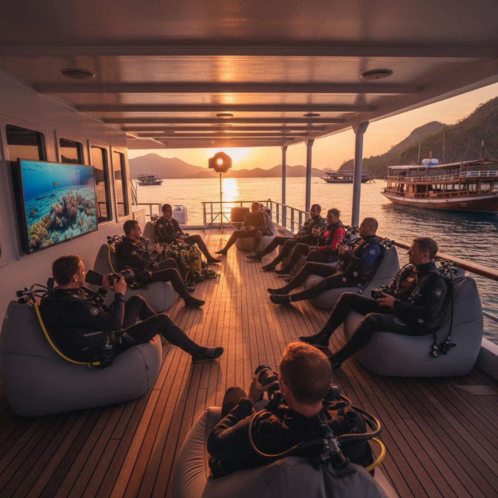 Divers relaxing on a luxury liveaboard deck watching an underwater video after a Komodo diving package.